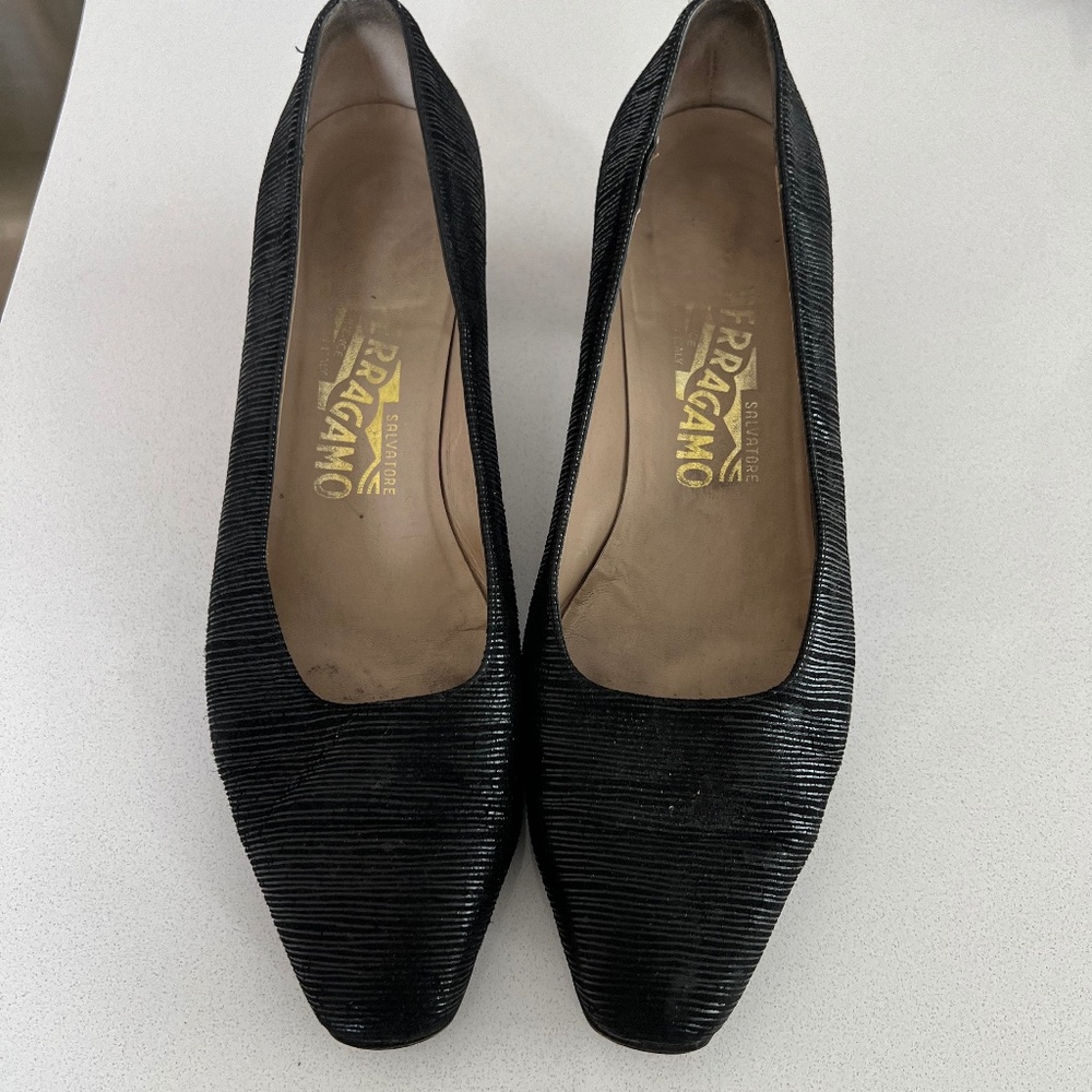 Vintage Salvatore Ferragamo Black Leather Square Toe Size 7.5